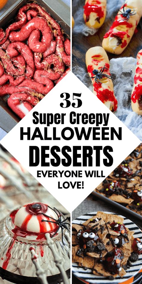 Simplify your Halloween party planning with these quick and easy dessert recipes. Perfect for kids and a adults , these Halloween treats, including vampire desserts and Halloween brownies, are sure to add a touch of horror to your celebration. Halloween Food Sweet Treats, Scary Halloween Baking Ideas, Halloween Dessert Table Set Up, Halloween Creepy Food Ideas, Spooky Themed Desserts, Halloween Brain Rice Crispies, Ghostface Dessert, Scary Halloween Desserts Recipes, Halloween Theme Dessert Ideas