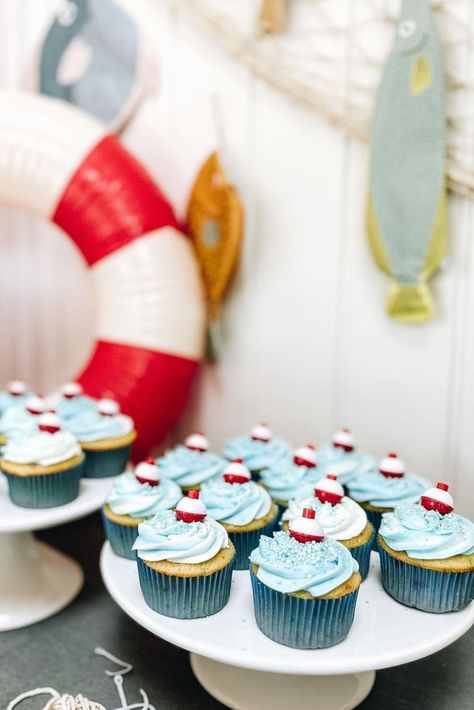 A FABULOUS Fishing Party Bass Themed Birthday Party, Fishing Party Cupcakes, O Fish Ally 3 Birthday, O Fish Ally Four Birthday, Gone Fishing Birthday Party Food, O Fish Ally One Cupcakes, Fishing Cupcakes Boy Birthday, Fish Themed Birthday Party Decorations, Fishing Themed Snacks