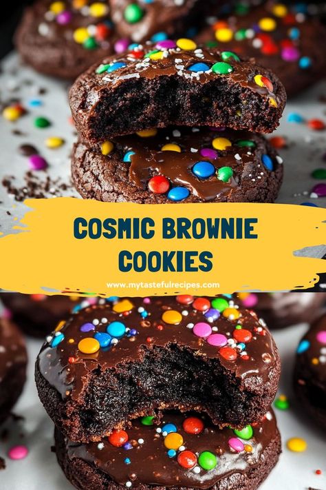 These cosmic brownie cookies are loaded with gooey chocolate, colorful sprinkles, and chewy goodness! A fun treat for any occasion, these cookies bring all the joy of cosmic brownies in a new cookie form. Christmas Cosmic Brownies, Interesting Cookie Flavors, Special Cookies Recipes, Unique Cookies Recipes, Crazy Cookie Recipes, Rock Cookies, Fancy Cookie Recipes, Cosmic Brownie Cookies, Best Cookies In The World