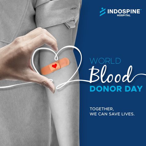 This World Blood Donor Day, let's together save lives by donating blood. #Indospinehospital #WorldBloodDonorDay #DonateBlood #SpineCareCenter #Ahmedabad World Blood Donor Day Creative Ads, World Blood Donor Day Poster, Blood Donation Poster, Blood Donation Posters, Blood Donation Day, World Blood Donor Day, Blood Donor Day, Donating Blood, Body Science