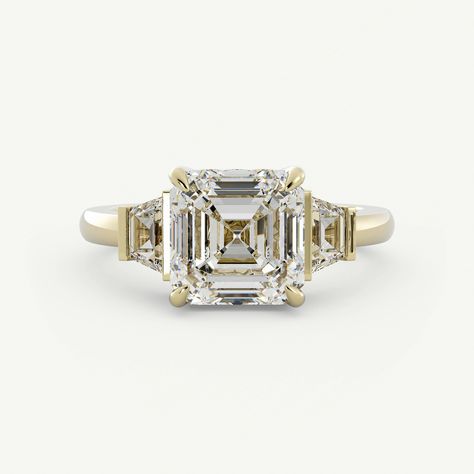 Asscher Three Stone Engagement Ring, Wedding Ring Goals, Trapezoid Side Stones, Maximalist Wedding, Ring Goals, Asscher Engagement Ring, Dream Rings, Bling Ring, Asscher Diamond