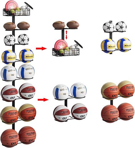 Amazon.com: 8 Tier Detachable Wall Mounted Basketball Rack,DIY Vertical/Horizontal Football Holder,Height-Adjustable Multifunctional Ball Rack Sports Equipment Organizer with Basket for Ball Storage Garage : Sports & Outdoors Ball Storage Garage, Football Holder, Football Stand, Organizing With Baskets, Sports Equipment Organization, Basketball Rack, Diy Hooks, Storage Garage, Tool Room