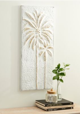 A coastal inspired space is built around the idea of a laid-back, carefree vibe This metal palm leaf wall decor is made from solid iron materials This metal palm leaf wall decor comes in a multicolored finish for coastal style vibes This palm tree art wall decor also features 1 large palm tree in the foreground with a smaller one in the background etched meticulously on solid iron materials Large metal wall decor measures 14"L x 1"W x 32.5"H and weighs 2.5 lbs. | Monroe Lane Tall Rectangular Gol Nature Wall Decor, Coastal Wall Decor, Christmas Tree Shop, Coconut Palm, Wood Panel Walls, Beachcrest Home, Inspired Living, Wall D, Coastal Style