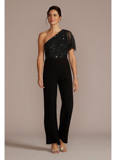 Embellished One Shoulder Straight Leg Jumpsuit AP1E206748 Dressy Pant Suits, Silk Styles, Casual Dresses Long, Looks For Winter, Outfit Fiesta, Black Tie Event Dresses, Hollywood Premiere, Fancy Dress Code, Jumpsuit For Wedding Guest