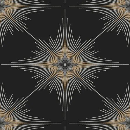 Everly Quinn Ashur North Star 33' L x 20.9" W Wallpaper Roll | Wayfair Grey Bedroom With Wallpaper Accent Wall, Art Deco Dining Room Wallpaper, Modern Glam Wallpaper, Black Print Wallpaper, North Star Wallpaper, Wallpaper Black And Gold, Starburst Wallpaper, Art Deco Pattern Design, Long Wallpaper