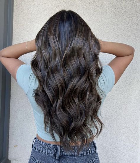 Ask Brown Balayage, Dark Brunette Hair With Brown Highlights, Sandy Balayage Brown Hair, Dark Brown Hair Lowlights, Cool Tone Brown Hair With Highlights, Cool Toned Brown Hair Balayage, Dark Brown Hair With Dimension, Brownie Hair, Black And Brown Hair