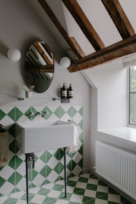 Cotswold Farm Hideaway: A Swiss Family's Cottages for Let in the English Countryside - Remodelista Swiss Interior Design, Bert And May Tiles, Bathroom Things, Beautiful Bedside Tables, Bad Inspiration, Bathroom Tiles, Cabin Life, Guest Bath, Bathroom Designs