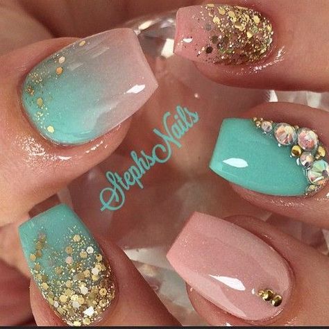 Blue, pink, and gold nails Nails Teal, Mint Nails, Mermaid Nails, Blue Nail, Pink Nail, Acrylic Nail Art, Hot Nails, Nailed It, Cute Nail Designs