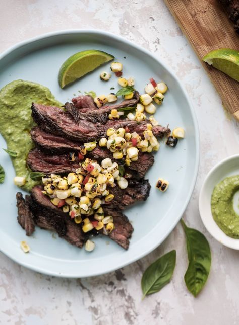 Skirt steak with avocado pesto and corn relish Skirt Steak Recipe, Skirt Steak Recipes, Corn Relish, Avocado Pesto, Meatloaf Recipe, Steak Recipe, Skirt Steak, Grilled Corn, Fancy Dinner