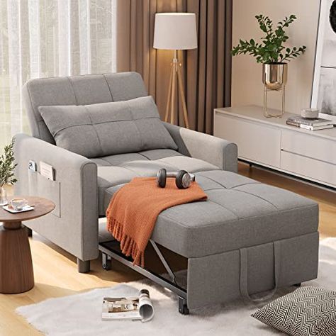 Aiho Convertible Sleeper Chair, 3-in-1 Single Convertible Chair Bed, Adjustable Chair with Pillow and Pocket, Multi-Functional Sleeper Chair with Foot and Modern Linen Fabric for Apartment, Light Gray Temporary Sofa, Futon Chair Bed, Modular Sofa Bed, Sleeper Chair Bed, Convertible Chair, Small Sofa Bed, Futon Chair, Small Couch, Pull Out Sofa