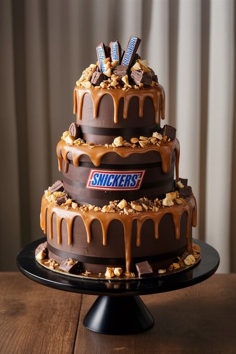 Chocolate and Caramel Wonder: A Snickers Cake Spectacle Snickers Cake Decoration, Snickers Cake, Chocolate And Caramel, Rich Chocolate Cake, Drip Cake, Elegant Cakes, Birthday Treats, Drip Cakes, Baking Tips