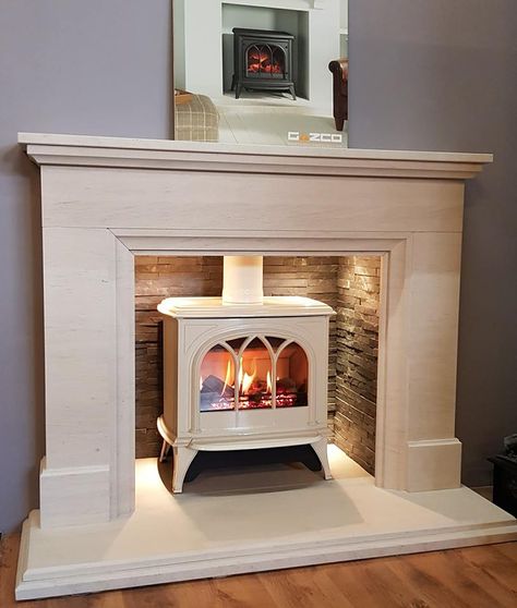 Free Standing Gas Fireplace With Mantle, Cream Stove Fireplace Ideas, Cream Stove, Large Electric Stove Fireplace, Gas Stove Fireplace Cream, Limestone Electric Fireplace, Natural Gas Freestanding Fireplace, Gas Stove Fireplace Freestanding, Gas Stove Fireplace