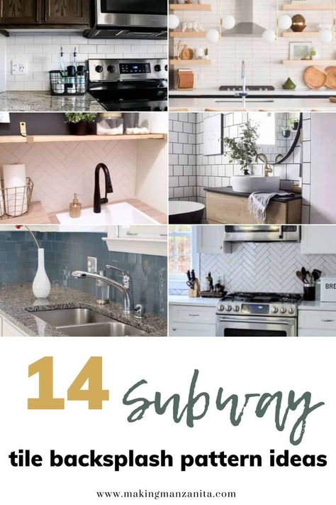 Subway tile backsplash is timeless. It's classy and fits any design style. Check out these 14 subway tile backsplash pattern ideas to add to your space! Subway Tile Kitchen Backsplash Ideas, Subway Tile Backsplash Ideas, Subway Tile Patterns, Subway Backsplash, Patterned Tile Backsplash, Backsplash Patterns, Subway Tile Backsplash Kitchen, Kitchen Finishes, Subway Tile Kitchen