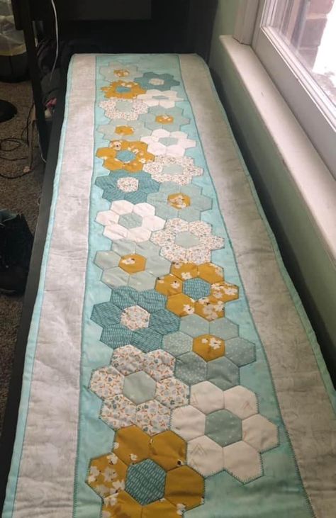 Hexie Table Runner, English Paper Piecing Table Runner, Epp Table Runner, Hexagon Quilt Pattern Free Table Toppers, Epp Hexies, English Paper Piecing Patterns Hexagons Table Runners, Hexagon Pillow, Epp Hexagon Coaster, Hexie Patterns