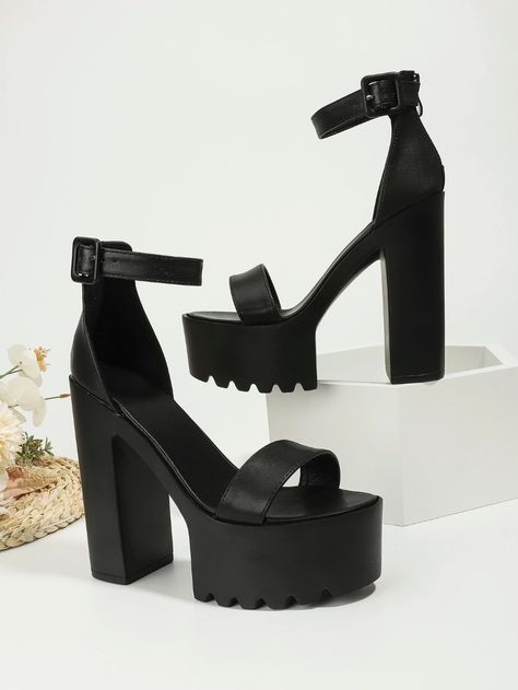 Buckle Decor Platform Chunky Heeled Ankle Strap Sandals | SHEIN South Africa Punk Style Women, Platform Chunky Heels, Black Platform Sandals, Black Punks, Newborn Twins, Prom Heels, Girls Heels, Ankle Strap High Heels, Pants Women Fashion