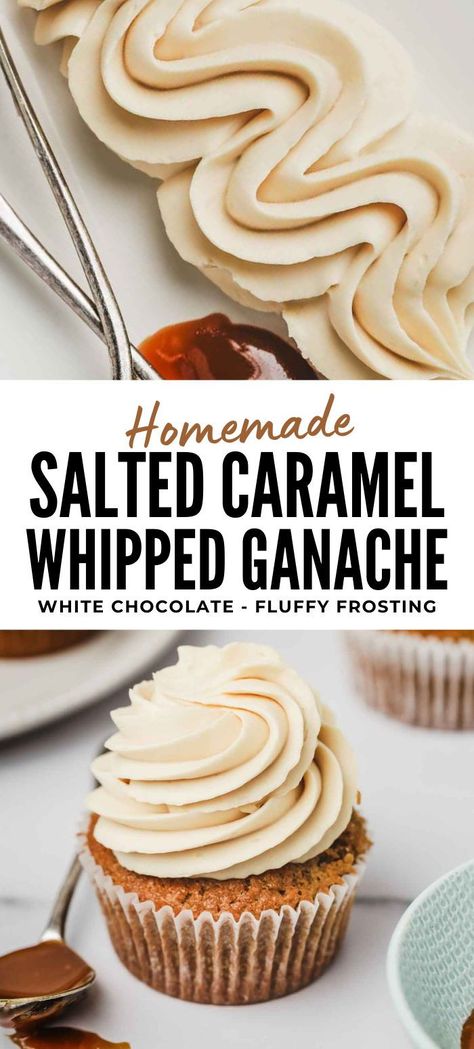 Discover how to make a perfect salted caramel ganache from scratch with this easy recipe. Experience the delightful blend of sweet and salty, featuring French salted butter caramel and rich white chocolate. This ganache is ideal for cake fillings and cupcake toppings, offering a thick and fluffy texture that's simply irresistible. Whether you're a seasoned baker or new to the kitchen, this ganache will elevate your desserts with its luxurious flavor and perfect consistency. Chocolate Cake With Salted Caramel Icing, Vanilla Cake Fillings Ideas, Whipped Ganache Frosting Recipe, Whipped Caramel Ganache, Cupcake Fillings Recipes, Flavoured Ganache Recipes, Salted Caramel Ganache Recipe, Frosting Flavor Ideas, Salted Caramel Filling For Cake