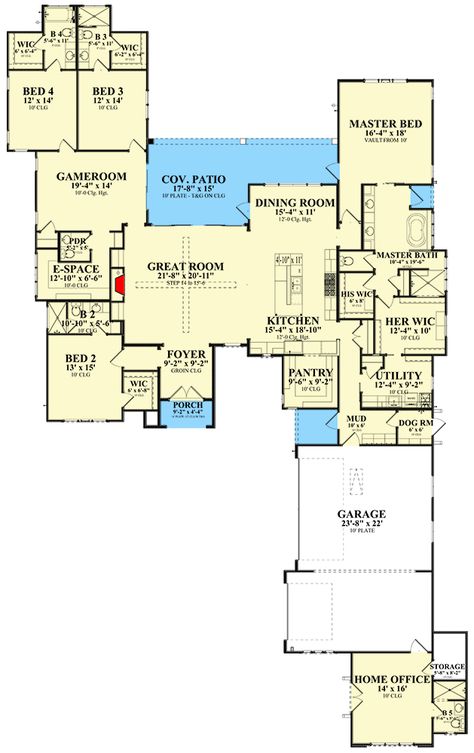 This 1-story Transitional house plan gives you 4 beds, 5.5 baths and 4070 square feet of heated living. Appended to the front of the 3-car garage you'll find a private home office with a full bath. Enjoy the best commute on the planet with this 4-bed house plan. Architectural Designs' primary focus is to make the process of finding and buying house plans more convenient for those interested in constructing new homes - single family and multi-family ones - as well as garages, pool houses and even Transitional House Plans One Story, Generational Homes House Plans, Ada Accessible Floor Plans, Multiple Family House Plans, House Plans With Casita, Wheelchair Accessible House Plans, New House Building Ideas, Large Family Home Floor Plans, Multigenerational House Plans In Laws One Story