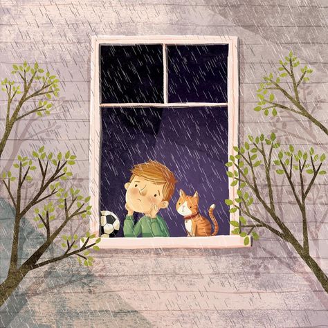 Children's book illustration a a boy and his cat waiting for the rain to stop so they can go and play football. Created in photoshop with some Lino print textures by Patrick Corrigan Rain Illustration, Window Illustration, Childrens Books Illustrations, Cats Illustration, Childrens Illustrations, Children's Book Illustration, Best Artist, Children Illustration, Cute Illustration