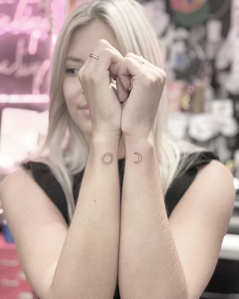 #sun #moon #tattoo #smalltattoo #littletattoo #tinytattoo #nyc #manhattan Sun Matching Tattoo, Sun And Moon Small Tattoo, Moon Small Tattoo, Matching Sun And Moon Tattoo, Moon Tattoo Wrist, Crescent Moon Tattoo Meaning, Astronomy Tattoo, Neon Tattoo, Moon Sun Tattoo