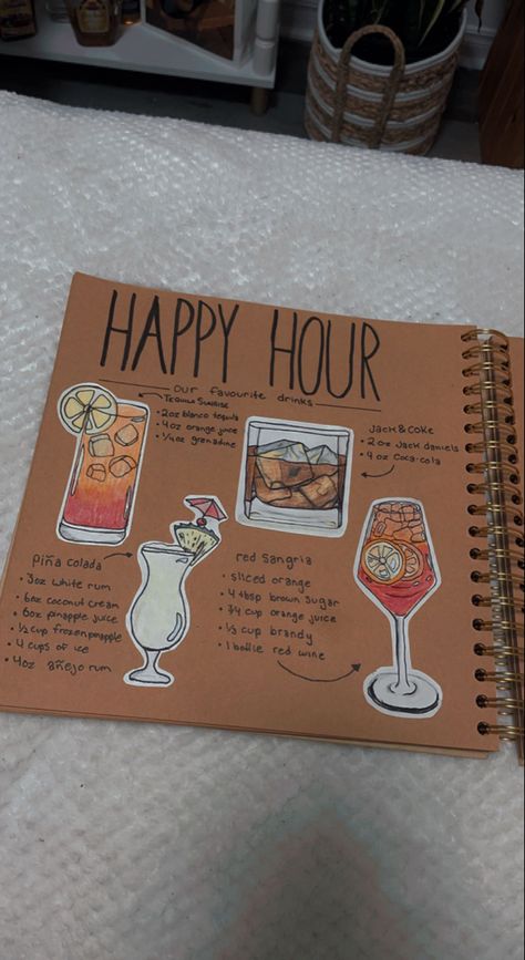 Scrapbook page idea drink menu recipe piña colada rum and coke sangria recipe tequila sunrise Diy Cocktail Recipe Book, Ex Boyfriend Cocktail Ideas, Cute Scrapbook Pages For Boyfriend, Cocktail Recipe Book Diy, Book Of Memories For Boyfriend, Scrape Book For Boyfriend, Scrapbook Page Ideas For Boyfriend Diy, Scratch Book Ideas For Boyfriend, Scrapbook For Him Page Ideas