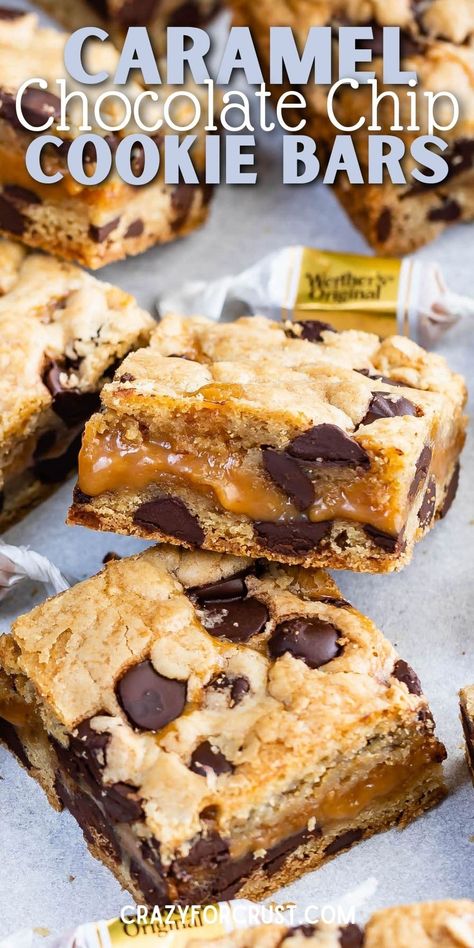 Caramel Chips Recipes Baking, Caramel Chocolate Chip Bars, Caramel Chocolate Chip Cookie Bars, Salted Caramel Cookie Bars, Caramel Chocolate Chip Cookie, 2023 Cookies, Caramel Cookie Bars, Mmm Cookies, Chocolate Chip Cookie Bar Recipe