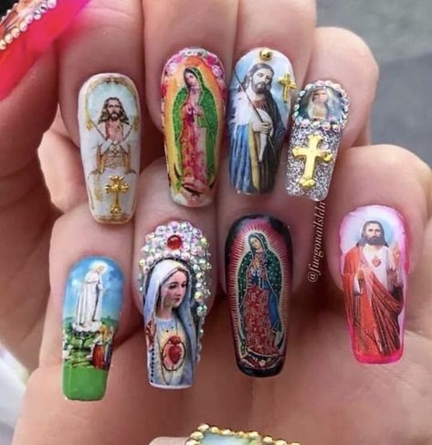 Catholic Nails, Female Horror Characters, Chicano Love, Catholic Wallpaper, Aesthetic Memes, Art Journal Therapy, Nail Envy, Memes Status, Image Fun