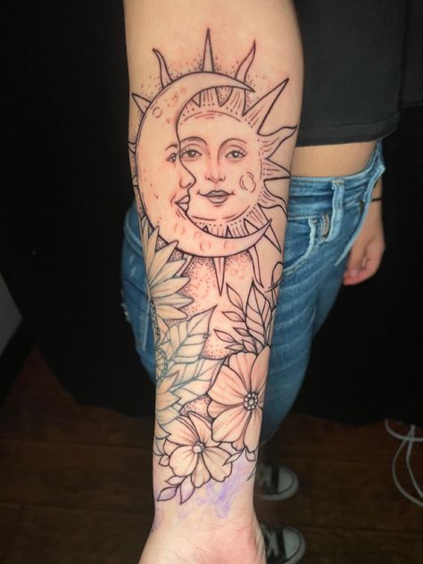 Isela Vasquez-Inkfatuation Inc Tattoos Sun And Flower Tattoo, Underarm Tattoo, Flowers Tattoos, Tattoo Over Scar, Tattoos Forearm, Cuff Tattoo, Shin Tattoo, Fern Tattoo, Moon Flowers