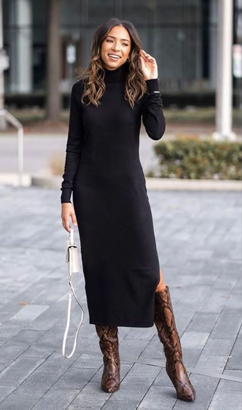 Long Sweater Dress Outfit Dressy, Black Rib Knit Dress Outfit, Long Black Knit Dress Outfit Winter, Knit Black Dress Outfit, Black Midi Sweater Dress Outfit, Sweater Dress Outfit 2023, Sweater Dress Work Outfit, Black Sweater Dress Outfit Winter, Long Black Sweater Dress Outfit