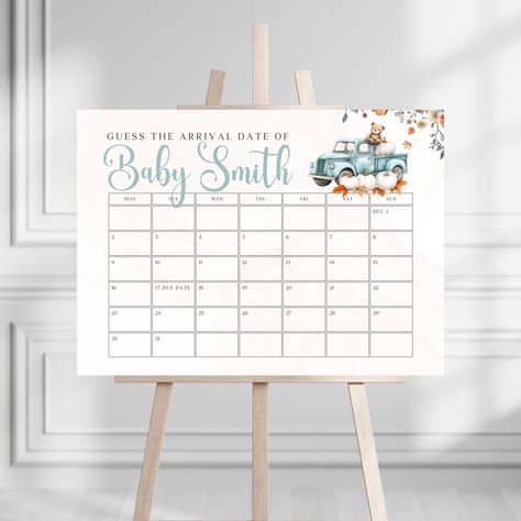 Autumn Pumpkin Truck Due Date Calendar Game, Guess The Baby's Due Date Baby Shower Prediction Game, Fall Guess Due Date Calendar Game BS52 Baby Due Date Guessing Game, Guess The Date Baby Shower Calendar, Predicting Activities, Due Date Calendar, Baby Due Date, Baby Calendar, Dashboard Header, Baby Prediction, Pumpkin Truck