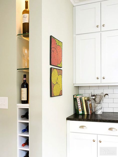 Remodeling your kitchen? Space two walls far enough apart to accommodate a niche with shelves and cubbies sized to hold bottles of wine. Alternatively, tap into existing open floor and wall spaces between cabinets, appliances, and walls to add ready-made racks or built-in wine bottle cubbies. Wine Rack Between Cabinets, Niche In Wall, Wine Storage Ideas, Hanging Kitchen Cabinets, Wine Cubbies, Wine Fridges, Dresser Makeovers, Kitchen Built In, Built In Wine Rack