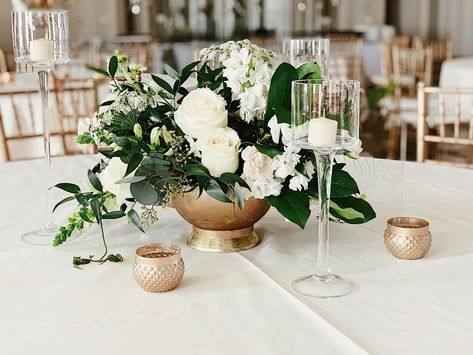 neutral and natural centerpiece in a gold compote ~ roses, ranunculus, trailing jasmine, and eucalyptus ~ leafandpetalnola.com Bowl Centerpiece Ideas Wedding, Low Bowl Centerpiece, Jasmine Flower Centerpiece Ideas, Green White Gold Centerpiece, Gold Vases Centerpiece Wedding, Low Gold Centerpiece Wedding, Compote Vase Centerpiece Wedding, Gold Flower Vases Wedding, White Green Gold Wedding Centerpieces