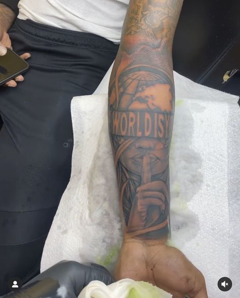 Detailed Mens Tattoos, Realistic Forearm Tattoo Men, Really Rich Tattoo, The World Is Yours Tattoo Men, Dark Skin Tattoo Men, Forearm Tattoo Men Sleeve Clouds, Tattoos Black People, Black Men Tattoos Ideas Arm, Forearm Tattoo Men Sleeve Unique