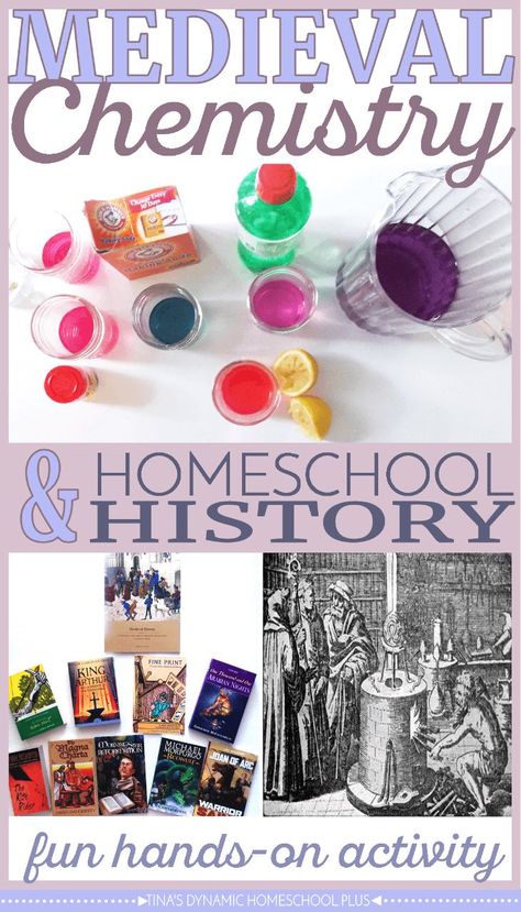 Medieval Chemistry and Homeschool History. Alchemy was a 'science' back in Medieval times. Look at this fun hands-on activity over @ Tina's Dynamic Homeschool Plus Fun History Projects, Medieval Stem Activities, Homeschool Medieval History, Chemistry Activities For Kids, Middle Ages Projects, Medieval Chemistry, Medieval Activities For Kids, Alchemy Experiments, Medieval Science