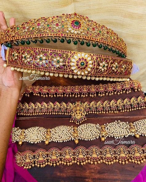 Saree Belt Designs Gold, Hipbelts For Sarees, Kundan Vaddanam Designs, Waist Bands Jewellery, Hip Belt For Saree Gold, Waist Belt Gold Indian Jewellery, Hip Chain For Saree, Kamarbandh Jewellery, Sari Belt