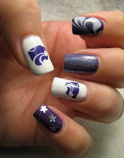 Over The Top Coat: Pigtails & Purple Nails: KSU Game Day Manicure Gameday Nails Football Season, Blue And White Football Nails, Football Nails Design Purple, Wildcat Nails Designs, Lsu Nails Designs Purple Gold, Kansas State Football, Football Nails, Purple Nails, Nail Inspo