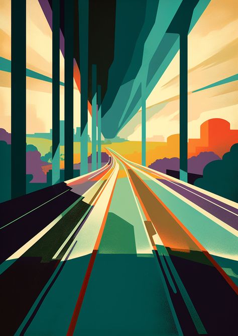 A print scene of a highway. The concrete ribbons tying the countryside. Highway Graphic Design, Highway Illustration, Marketing Campaign, Aerial View, Photographic Print, Train, Graphic Design, Road, Marketing