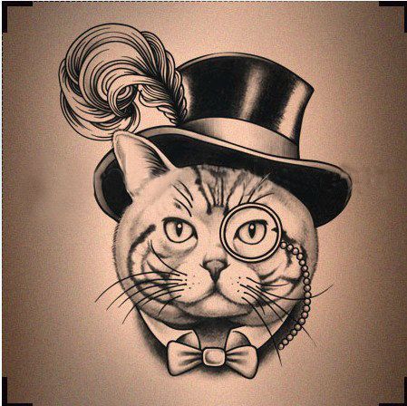 Top Hat Tattoo, Top Hat Drawing, Steampunk Tattoo Design, Bow Tattoo Designs, Hat Tattoo, Steampunk Tattoo, Steampunk Cat, Mr Cat, Cat Tat