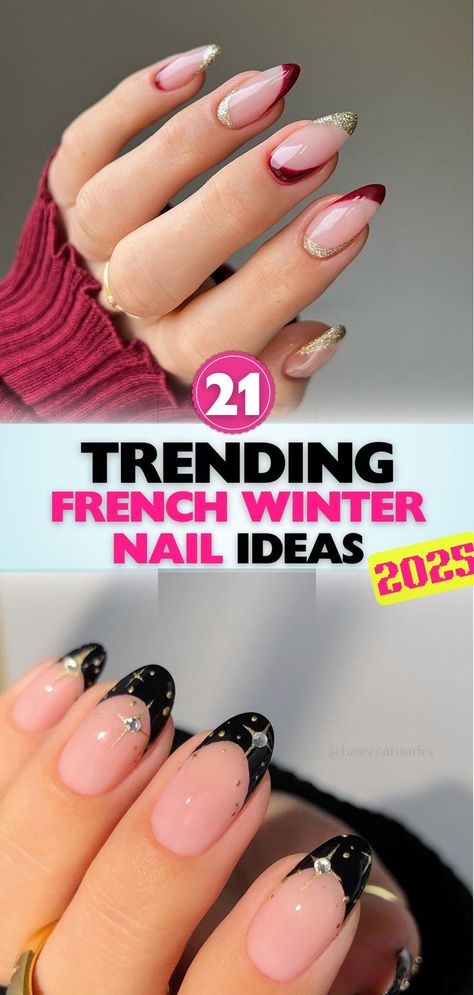 Get inspired by French winter nail designs that bring festive sophistication and a unique wintery look. A perfect choice for holiday styling! French Tips Winter Nails, French Tip Nails With Design Winter, Christmas Nails French Manicure, French Tip Nail Designs Winter, Christmas French Nail Designs, January French Tip Nails, Christmas French Nails Design, Sparkling French Nails, French Nail Designs Winter