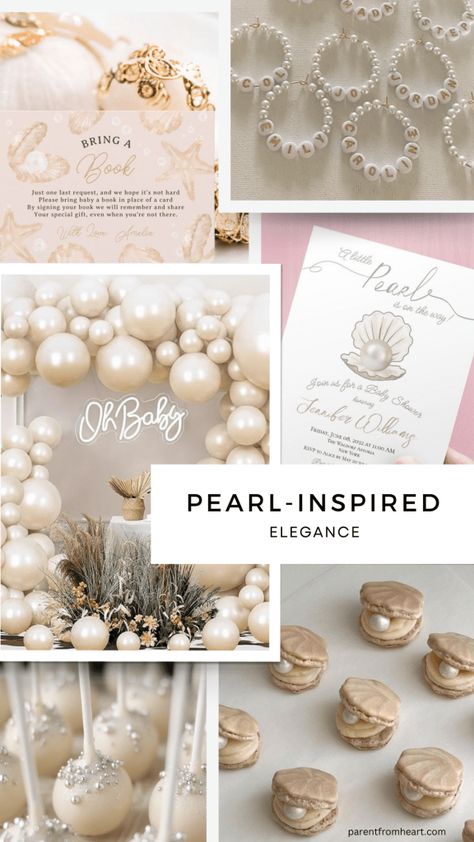 A collage of pictures with the baby shower theme "Pearl-Inspired Elegance" Pearl Baby Shower Ideas, A Collage Of Pictures, Collage Of Pictures, Pearl Baby Shower, Gingham Napkins, Bow Baby Shower, Muted Rainbow, Elegant Baby Shower