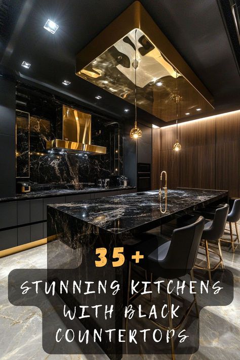 Discover 35 elegant kitchens with black countertops that offer a luxe look. ✨ These designs feature high-end finishes and refined details, creating a sophisticated ambiance. Curious about how black countertops can elevate your kitchen style? Click to explore all the elegant ideas! #ElegantKitchens #BlackCountertops #LuxuryDesign #SophisticatedAmbiance #HighEndFinishes #RefinedDetails #KitchenElegance Black Kitchen Cabinets Dark Countertops, Dark Marble Kitchen Countertops, Black Cabinets Backsplash Ideas, Black Leather Countertops, Backsplash Ideas For Black Countertops, Black Cabinets Black Countertops, Black Kitchen Ideas Modern, Black Marble Kitchen Countertops, Black On Black Kitchen