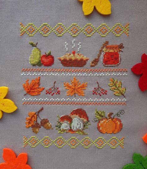 Fall Leaves Cross Stitch, Small Pumpkin Cross Stitch Pattern, Small Autumn Cross Stitch Patterns, Autumn Leaves Cross Stitch, Pumpkin Spice Cross Stitch, Autumn Cross Stitch Patterns, Embroidery Lessons, Cross Stitch Kitchen, Tiny Cross Stitch