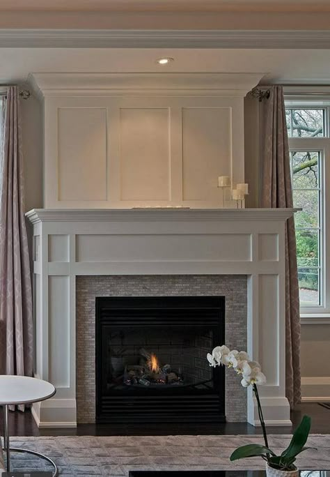 Curtains on each side of fireplace. Fireplace With Windows, Fireplace Between Windows, Fireplace Molding, Wood Fireplace Surrounds, Fireplace Windows, House Fireplace, Fireplace Redo, Garage Floor Paint, Build A Fireplace