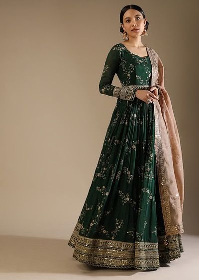 Bottle Green Anarkali Suit In Silk With Zari And Sequins Embroidered Floral Jaal And A Beige Organza Dupatta Bottle Green Anarkali, Green Anarkali Dress, Green Anarkali, Desi Dress, Kalki Fashion, Anarkali Dress Pattern, Pakistani Fancy Dresses, Indian Dresses Traditional, Traditional Indian Outfits