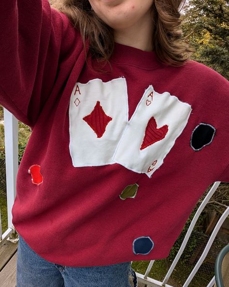 Manifesting good luck for game night ♥️🎲♦️ This one will be available at Living Pantry on Tuesday, Oct 22nd. Otherwise DM me to purchase! I am always happy to recreate designs or do customs :) #upcycledclothing #refashionedclothing #patchworkart #thriftfit #pokerlife #pokernight #gamenightfit Thrifted Sweatshirt, Old Shirt Refashion, Thrift Fits, Check Outfit, Patchwork Art, Old Clothes Refashion, Thrift Store Refashion, Upcycled Textiles, Sweater Refashion