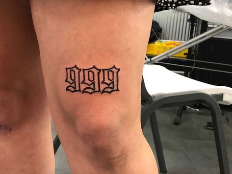 999 Tattoo Above Knee, 999 Tattoo Fonts, 999 Tatoos, 999 Tattoo Men, 999 Tattoo Design Font, Live Fast Tattoo, Old English Tattoo Ideas, Eminem Tattoo Ideas Small, 999 Juice Wrld Tattoo