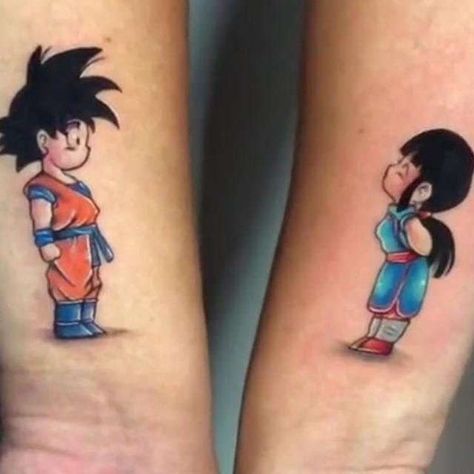 Matching Dragon Ball Z Tattoo, Vegeta Y Bulma Tattoo Pareja, Anime Couple Tattoos, Married Couple Tattoos, Cartoon Tattoo Ideas, Dbz Tattoo, Couple Tattoos Love, Partner Tattoos, Maching Tattoos