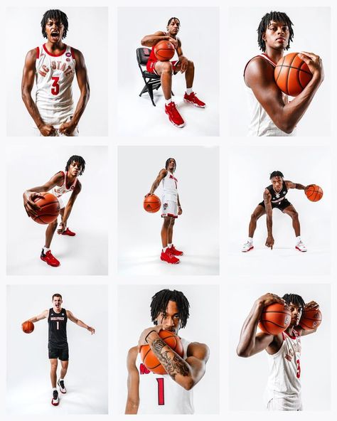 9 pictures in one of basketball players striking various poses for the photos, they are all holding a basketball and wearing a jersey and shorts. Basketball Banner Poses, Basketball Editorial, Sports Editorial, Team Picture Poses, Track Pics, Basketball Poses, Basketball Shoot, Basketball Team Pictures, Basketball Pictures Poses