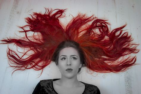 Red headed dreams. A model laid on the floor and her hair spread around and then made into a colour splash. Hair On Floor Reference, Colour Splash, Hair Buns, Hair Laid, On The Floor, The Floor, Buns, Drawing Reference, Drawing Ideas