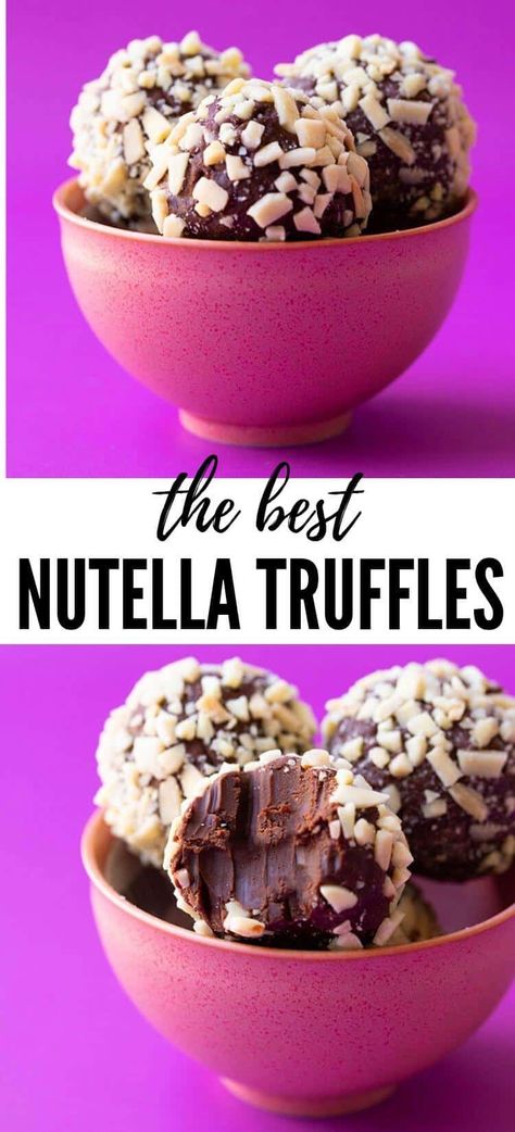 You'll love these easy 4 ingredient Nutella Hazelnut Chocolate Truffles. Creamy chocolate ganache truffles made with Nutella and covered in crunchy hazelnuts. These bite-sized treats are gluten-free and will be the star of any party or celebration. Recipe from sweetestmenu.com #truffles #chocolate #nutella Treats With Nutella, Hazelnut Truffles Recipe, Chocolate Flapjack, Nutella Treats, Chocolate Ganache Truffles, Ganache Truffles, Nutella Truffles, Hazelnut Truffles, Brownie Vegan