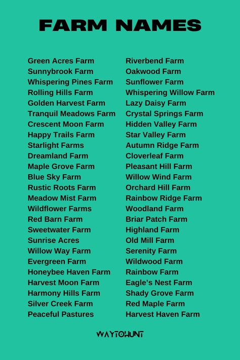 500+ Best Farm Names You Can Use Homestead Names, Largest Chicken Breed, Farm Names, Types Of Farming, Star Valley, Harvest Farm, Animal Names, Crystal Springs, Maybe In Another Life